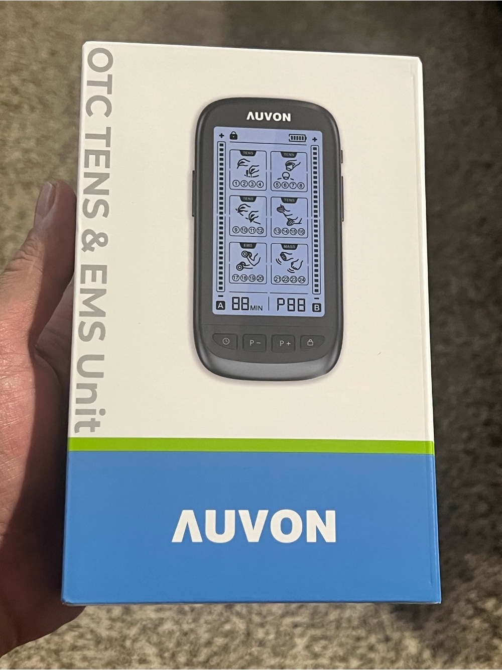 Auvon OTC TENS & EMS Unit - White and Blue Box